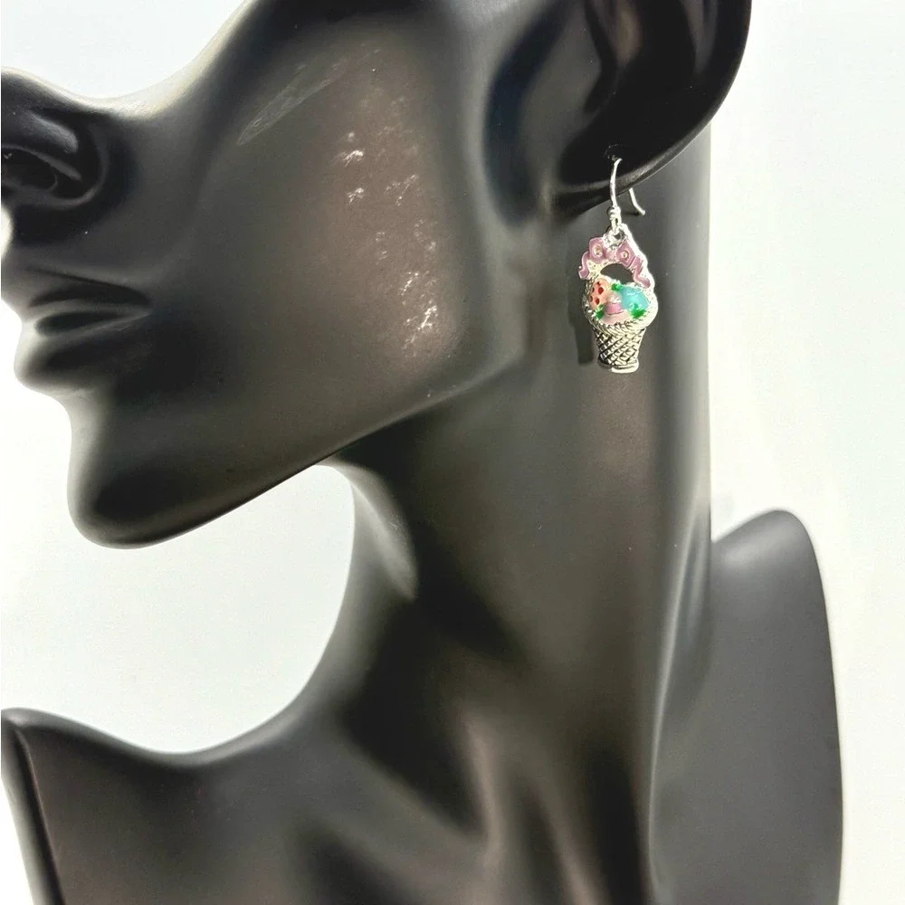Easter Basket Drop Earrings Silver Tone Enamel‎ Pastel Eggs Bow Spring Jewelry